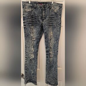 Track 23 Men’s 40x32 Skinny Stretch Acid Wash Ripped Moto Distressed Blue Jeans